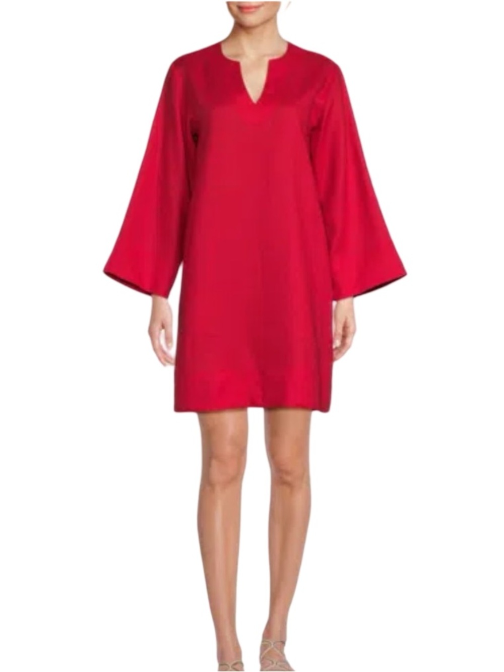 Saks Fifth Avenue 100% Linen Wide Sleeve V Neck Easy Red Dress